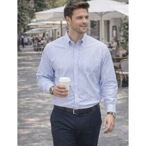 Perry Ellis Portfolio Men’s Dress Shirt 17 34/35 Blue Striped Wrinkle-Free EUC